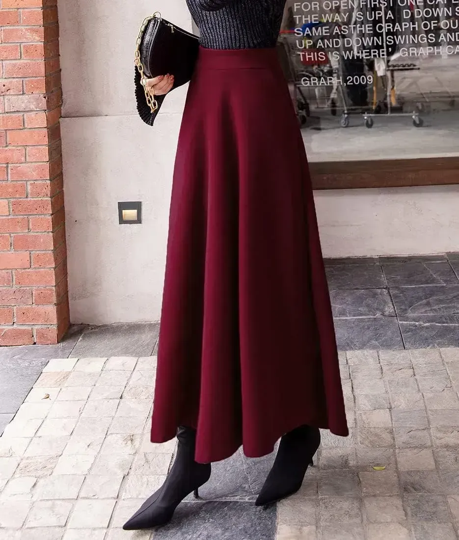 Women's Winter Elegant Warm Long Skirt Wool Maxi Skirts Elastic Waist A-Line High Waist Plaid Pleated Skirt S-3XL