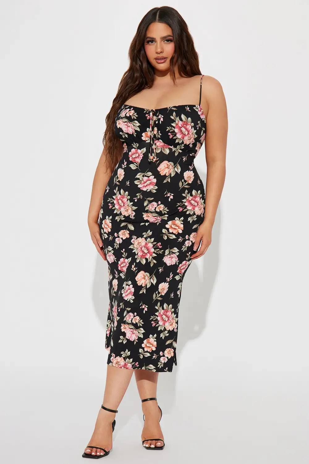 Floral Lace Up Midi Dress - Black