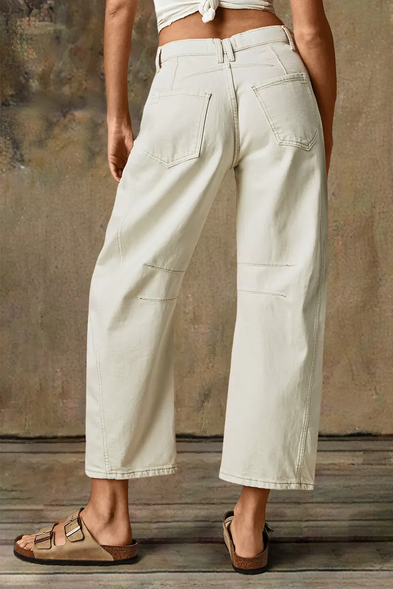 Solid Stitch Detail Mid Waist Crop Straight Leg Jeans Without Belt