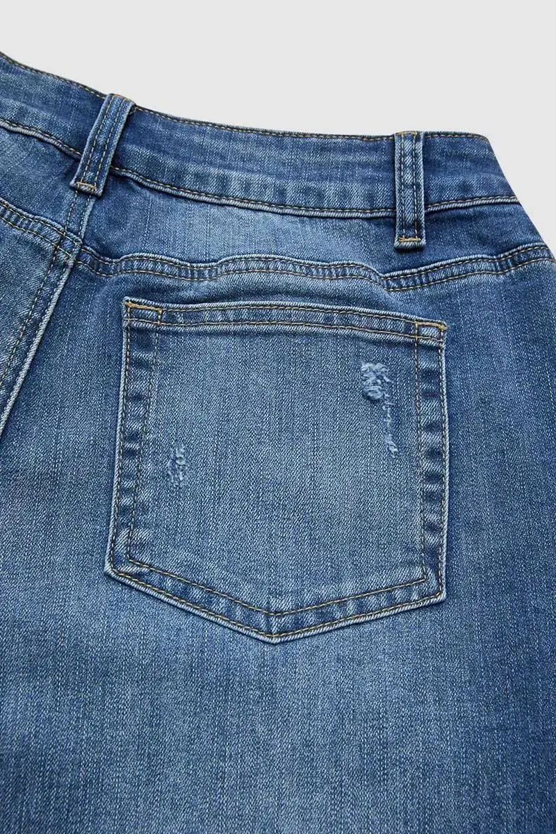 Wash Ripped Roll Hem High Rise Straight Leg Jeans Without Belt