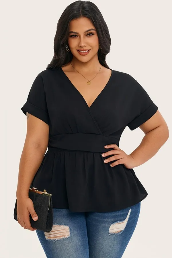 Solid Color Batwing Sleeve Cinched Waist Blouse