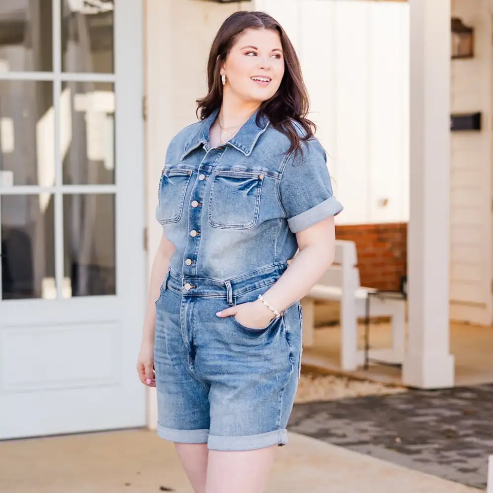 Judy Blue: Out And About Romper, Medium Wash