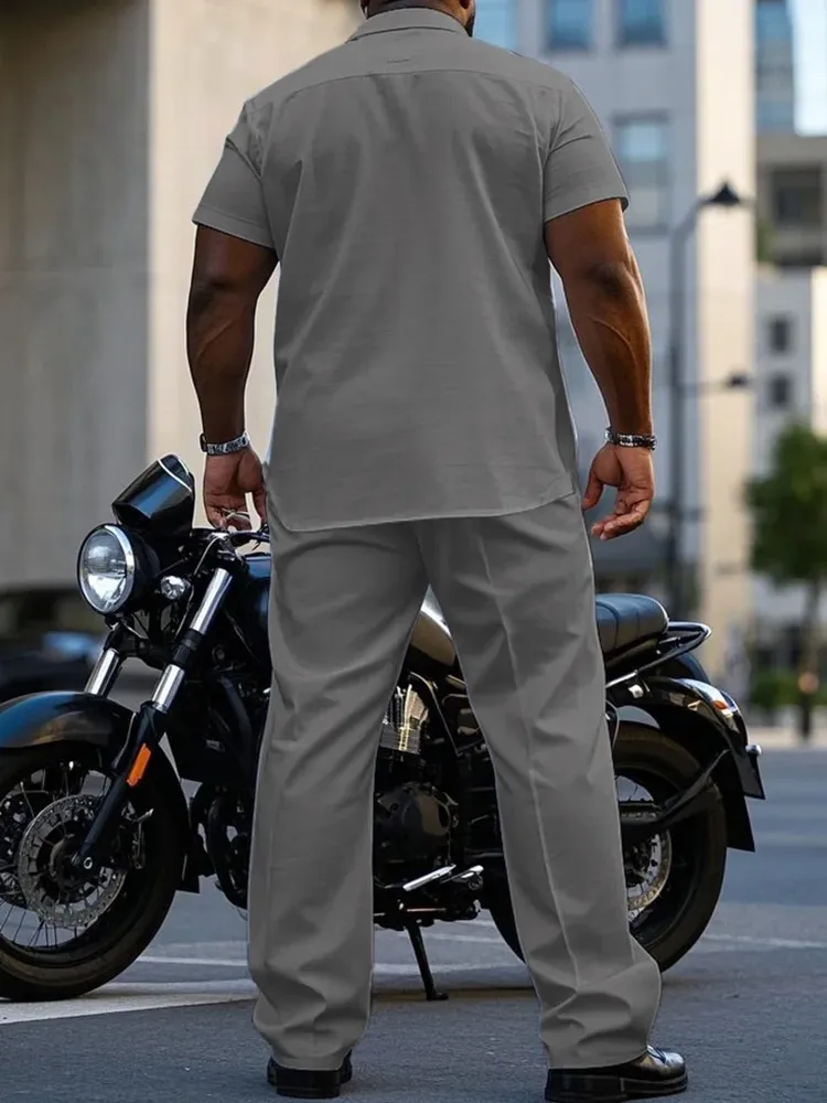 Big Men'S Business Simple Grey & White Colorblock Short Sleeve Shirt Trousers Set