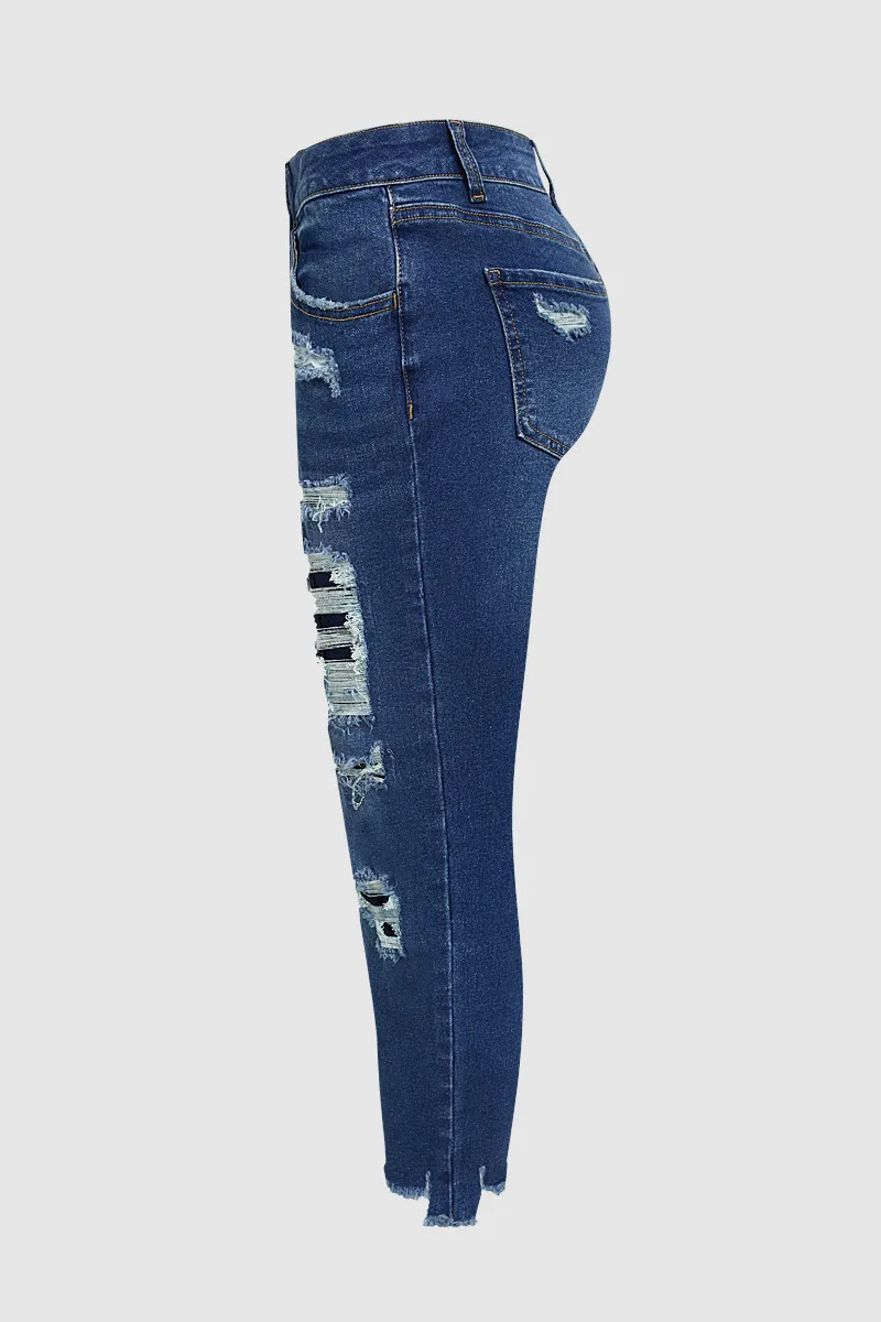 Cut Out Stitch Detail Raw Hem Mid Waist Capri Jeans