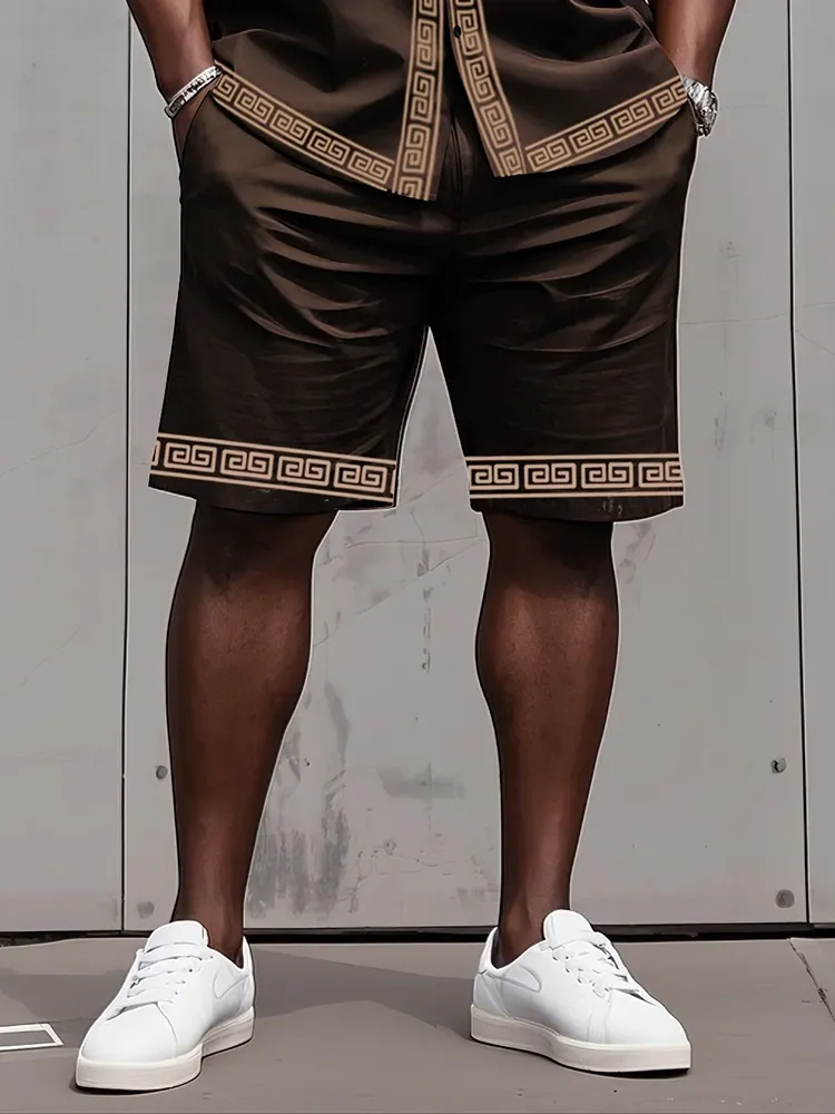 Big Man'S Retro Daily Casual Edge Color Block Printing Short Sleeve Shirt Shorts Suit