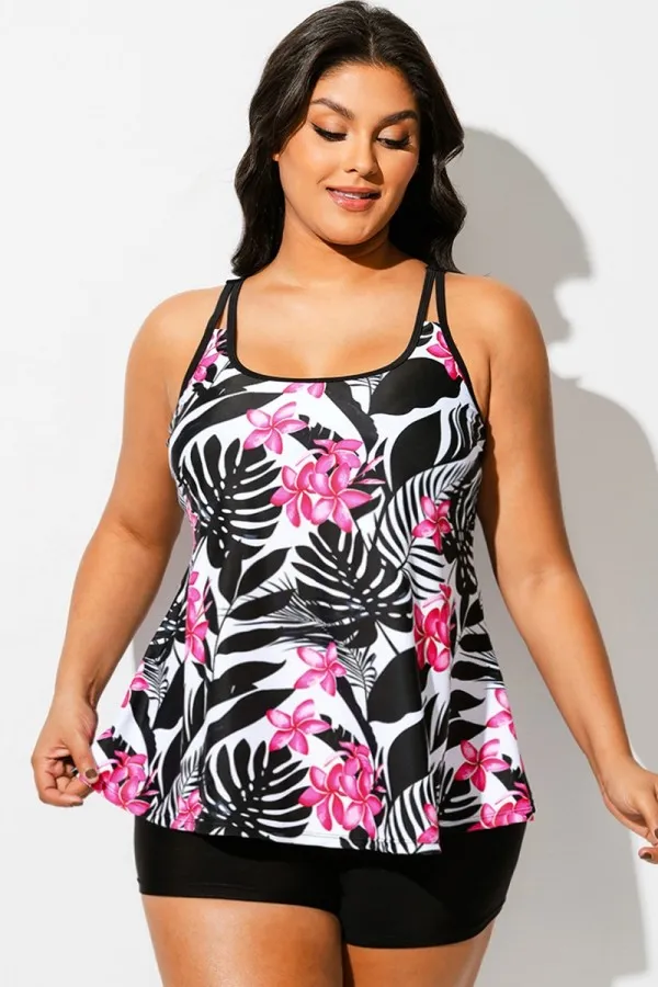Tropical Print Square Neck Adjustable Strap Tankini Top