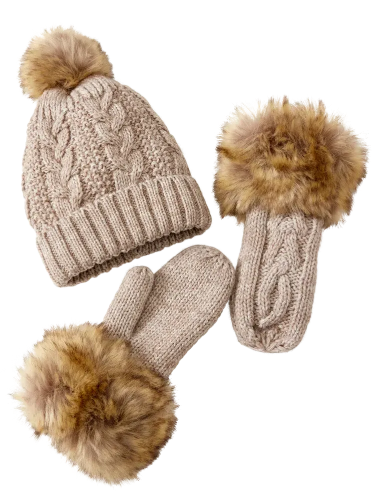 Faux Fur Cable-Knit Mittens