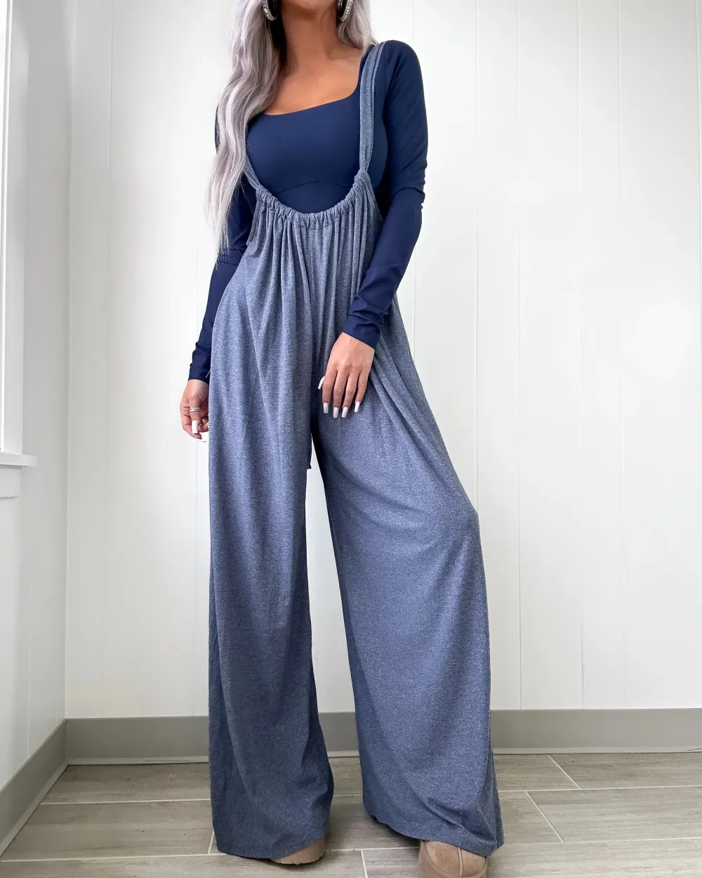 Navy Brushed Suspender Jumpsuit