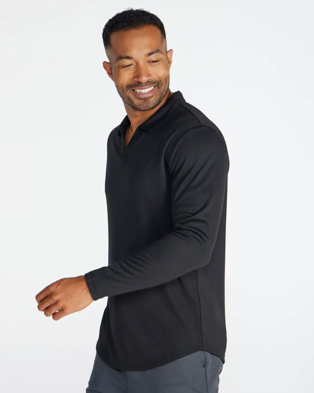 Ribbed Long Sleeve Open V Polo
