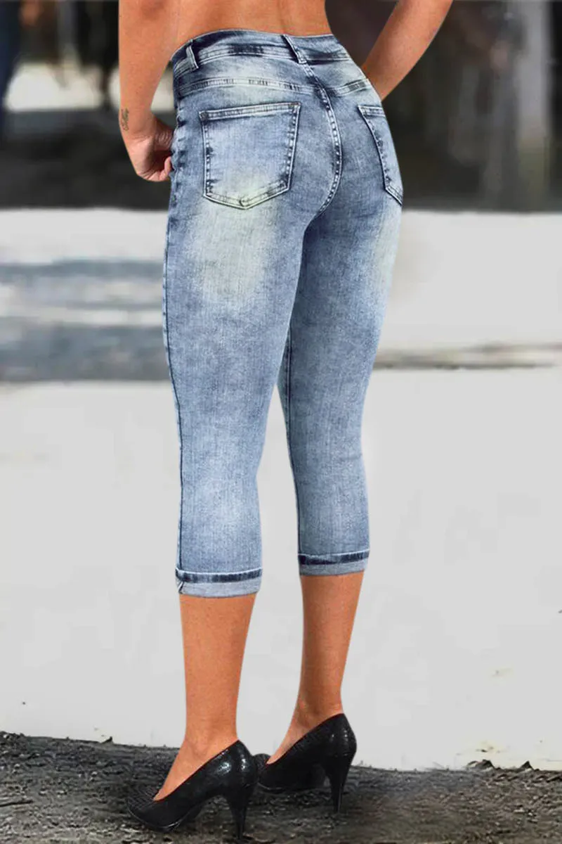 Roll Hem Wash High Stretch High Waist Capri Jeans