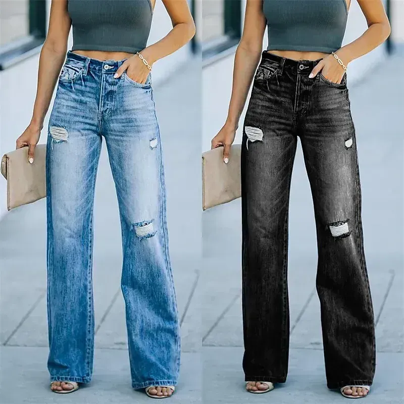 Women's Wide Leg Jeans Flare Leg Ripped Plain Jeans Classic Modern Regular Spring &  Fall Black Blue