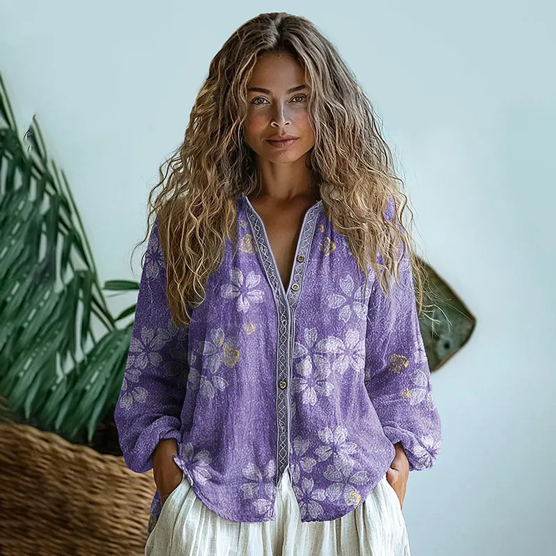 Bohemian Style Floral Linen Print  Long Sleeve Shirt