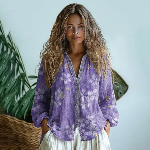 Bohemian Style Floral Linen Print  Long Sleeve Shirt