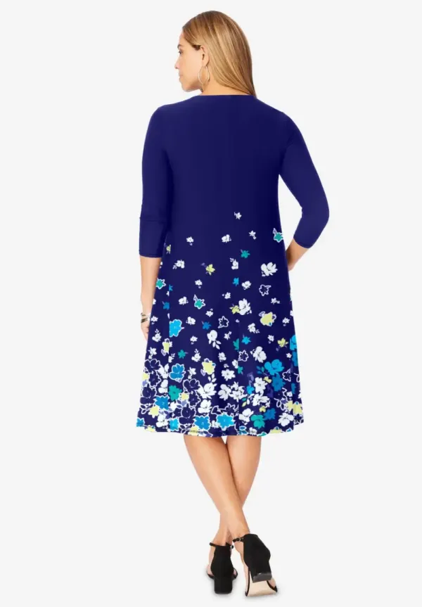 Stretch Knit Three-Quarter Sleeve T-shirt Dress