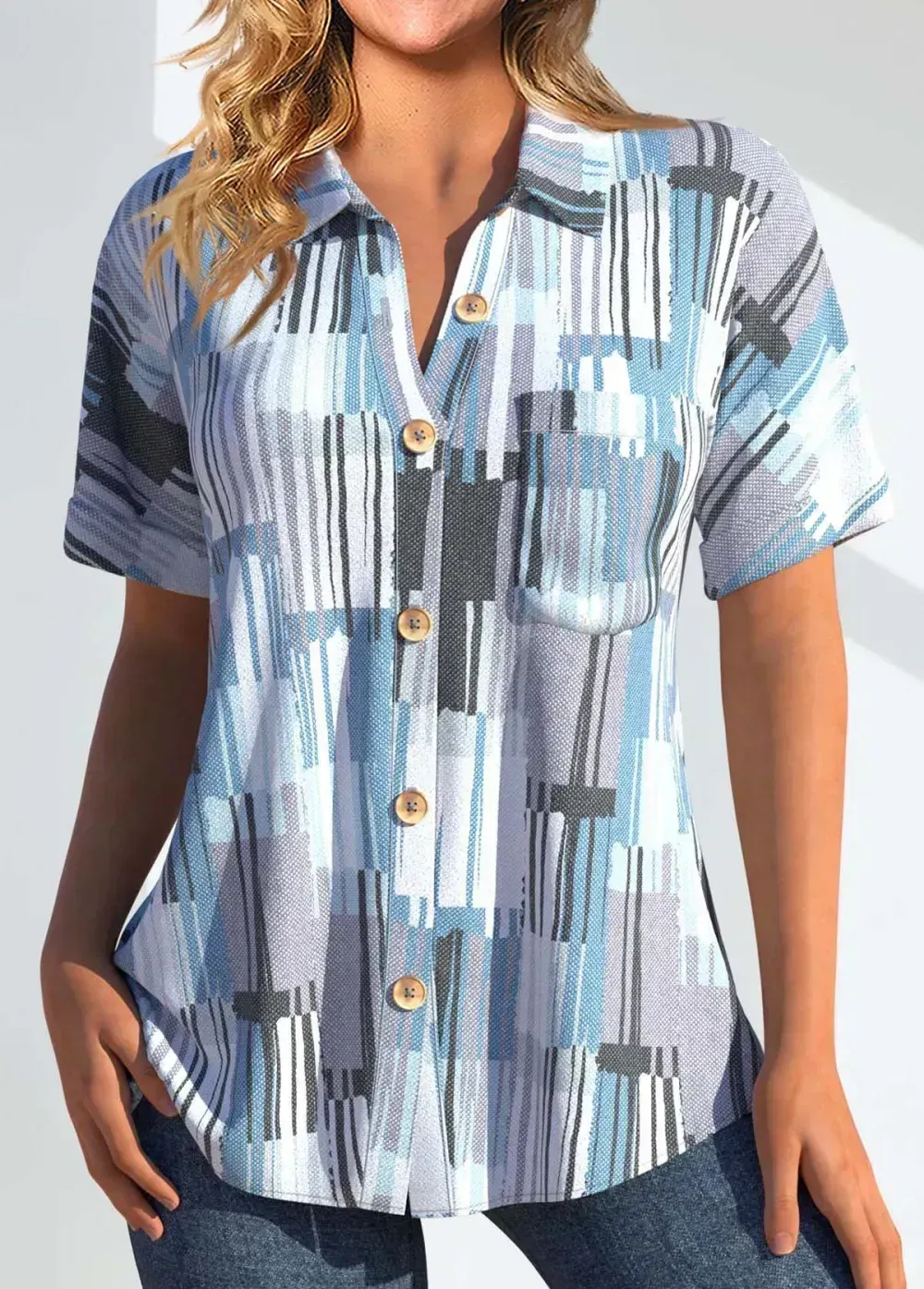 Denim Blue Pocket Short Sleeve Shirt Collar Blouse