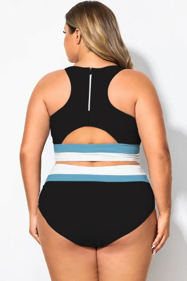 Plus Size Round Neck Black & Blue Patchwork Bikini Top