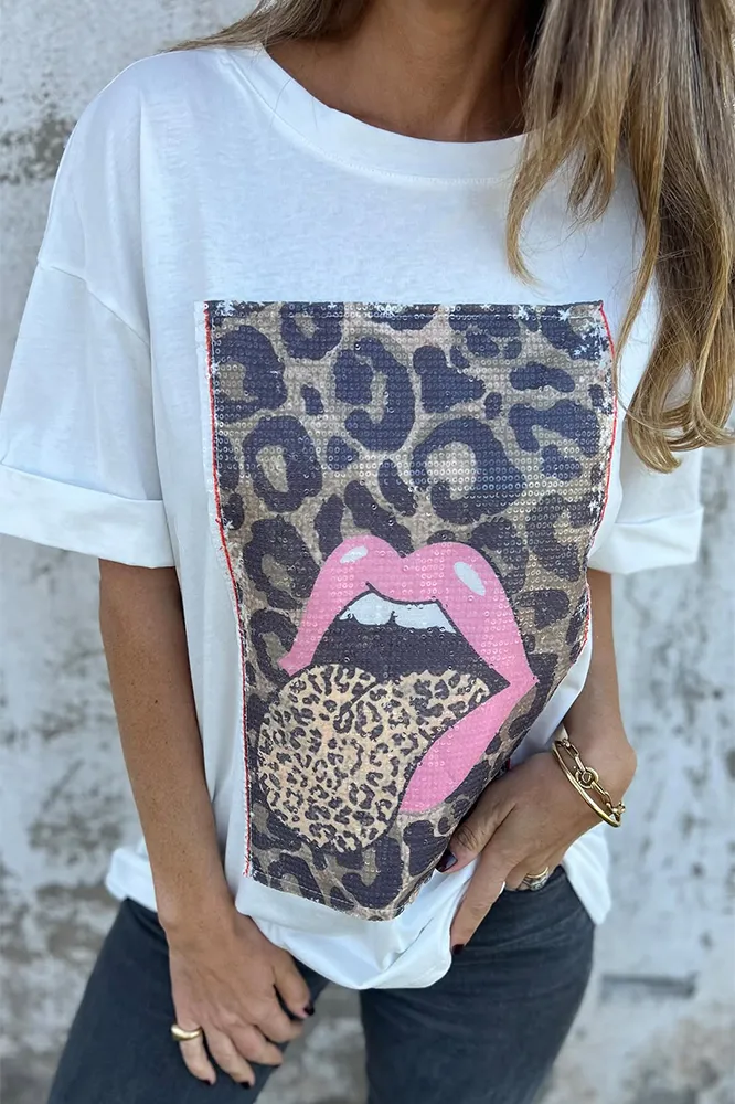 Women's leopard print lip pattern casual T-shirt