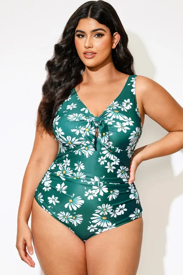 Plus Size Daisy Print Knotted Ruched One Piece Swimsuit