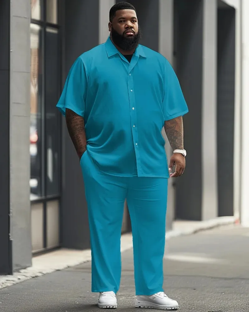 Big Men'S Casual Solid Color Short Sleeve Shirt And Pants Set