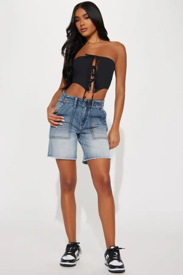 Take Charge Stretch Cargo Denim Bermuda Shorts - Medium Wash