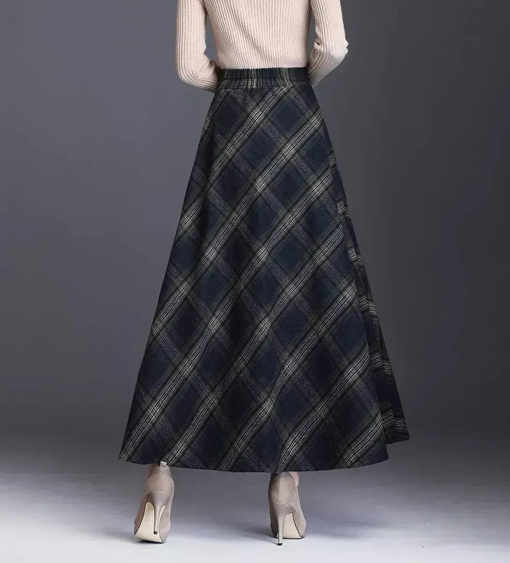 Women's Winter Elegant Warm Long Skirt Wool Maxi Skirts Elastic Waist A-Line High Waist Plaid Pleated Skirt S-3XL