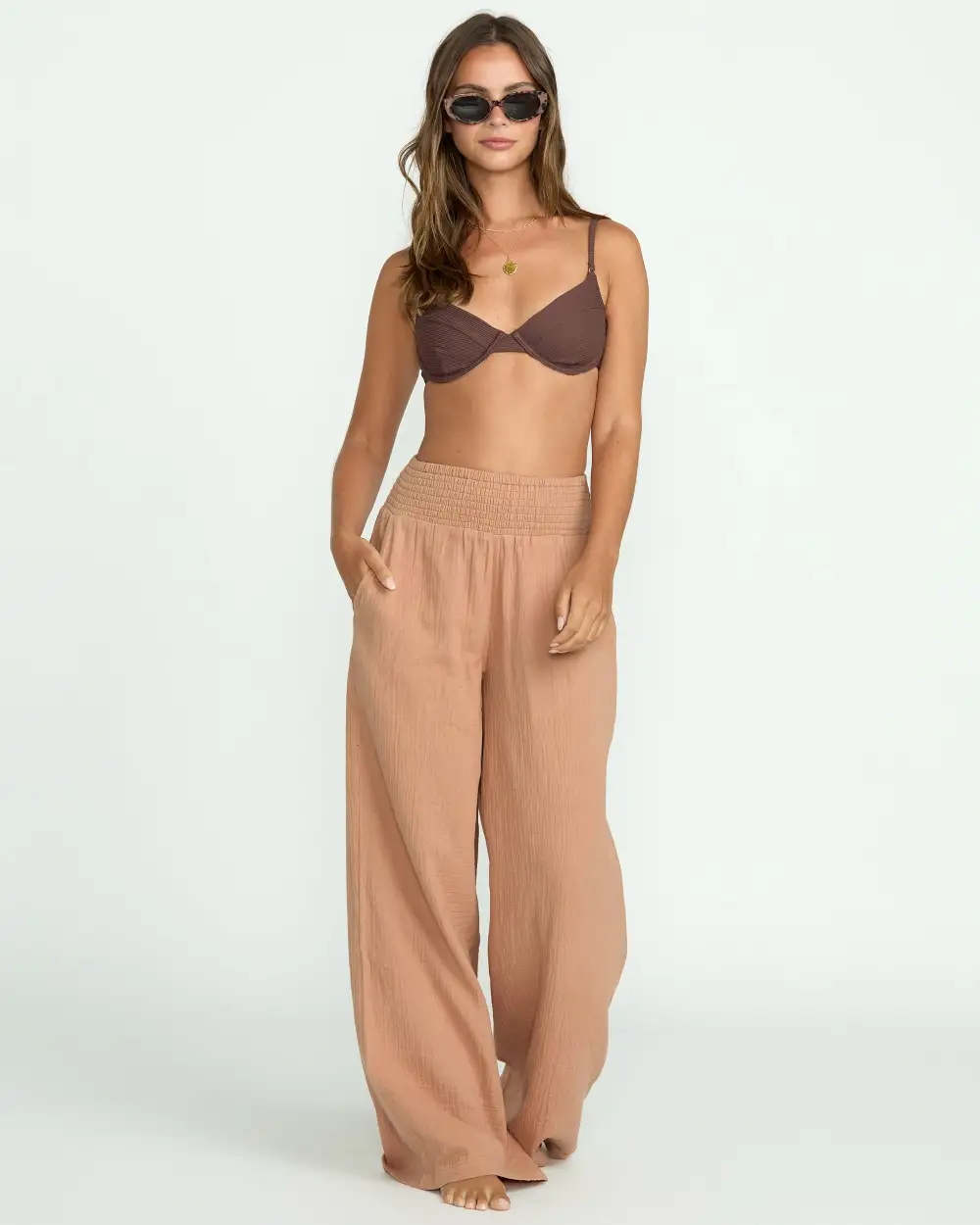 New Waves Gauze Elastic Waist Pants - Rose Brown