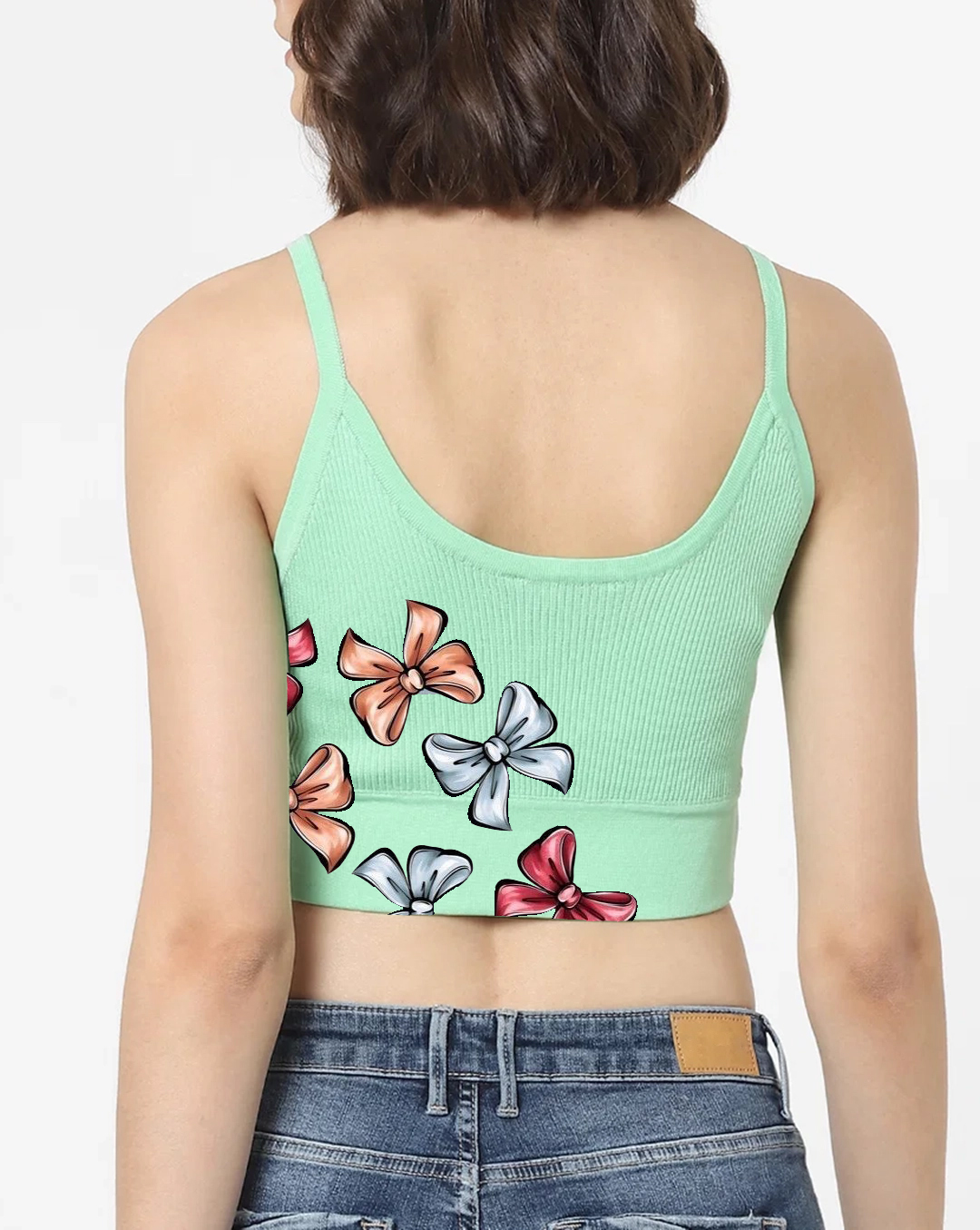 Light Green Ribbed Bow Print Cami Cropped Top