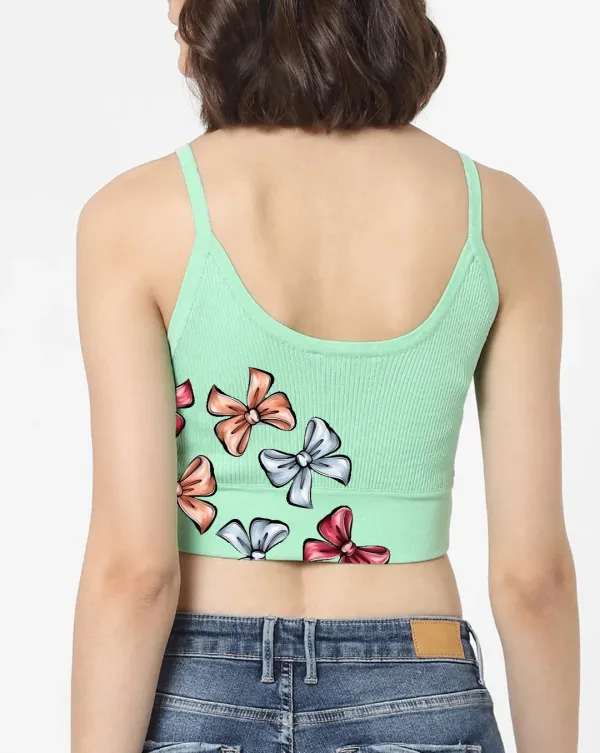 Light Green Ribbed Bow Print Cami Cropped Top