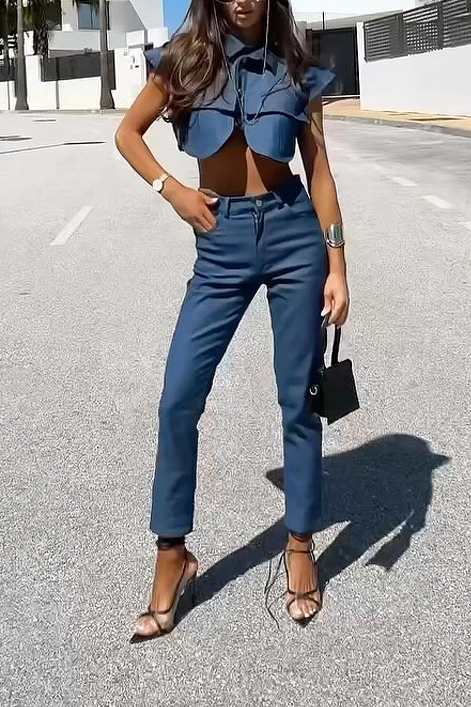 Women'S Casual Flying Sleeve Short Top And Slim Pants Two-Piece Set