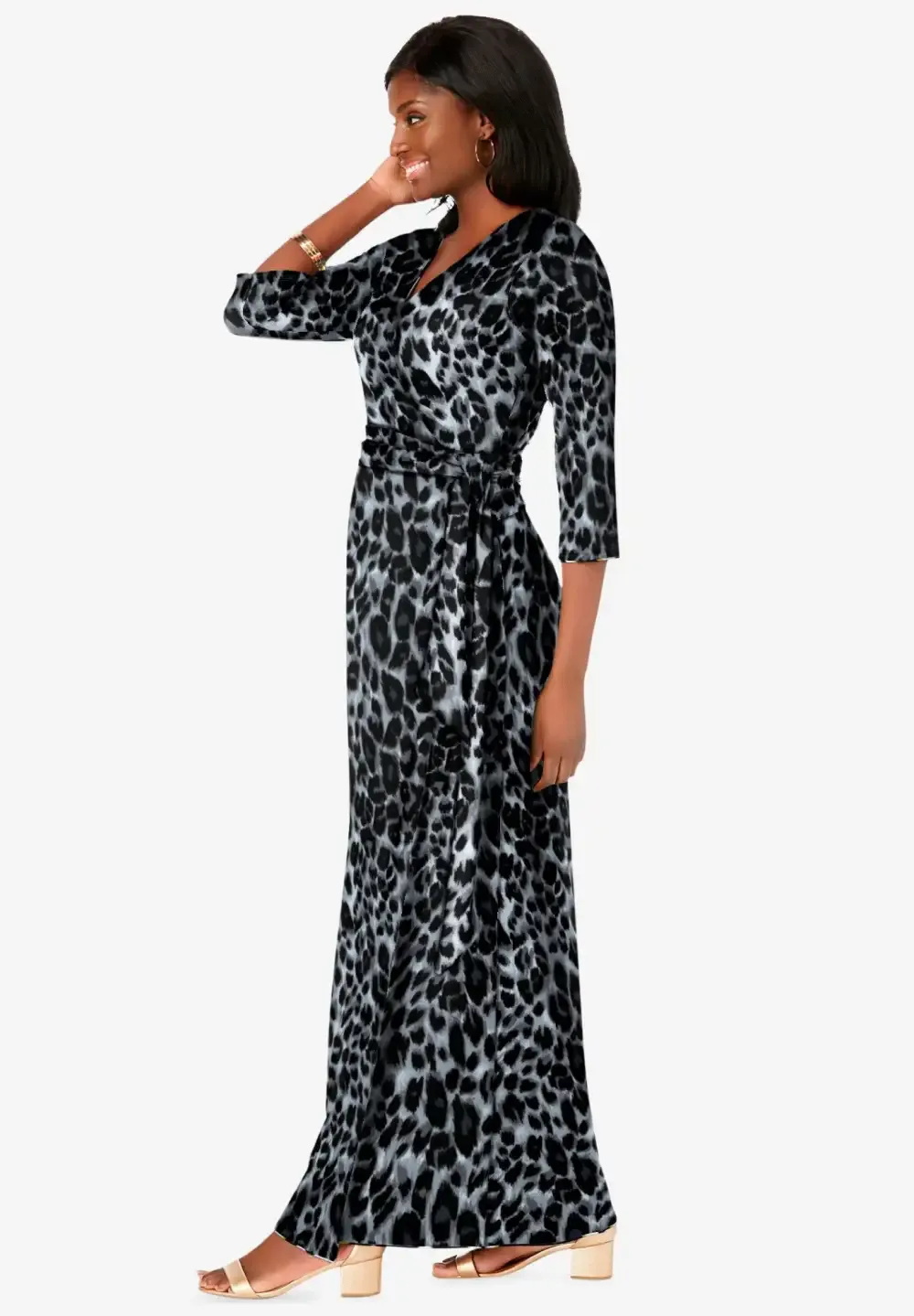 Stretch Knit Faux Wrap Maxi Dress