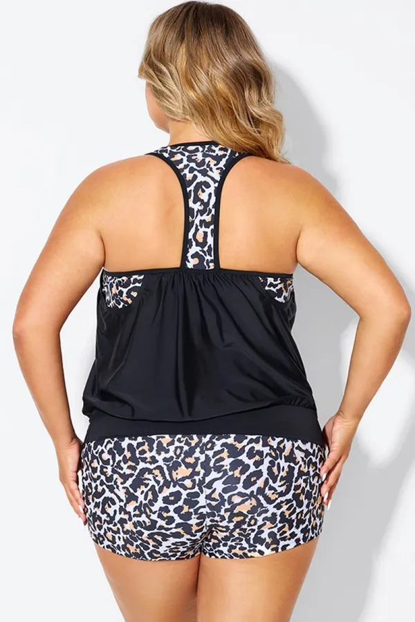 Leopard Print T-Back Blouson Tankini Top