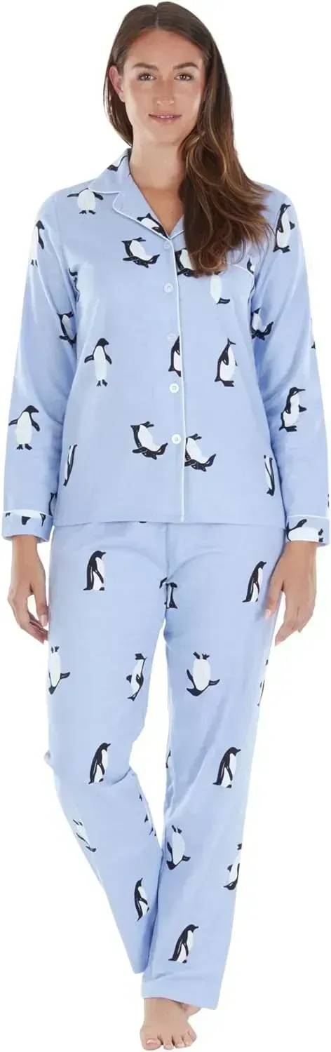 Women's Cotton Flannel Long Sleeve Button-Down Pajamas PJ Set