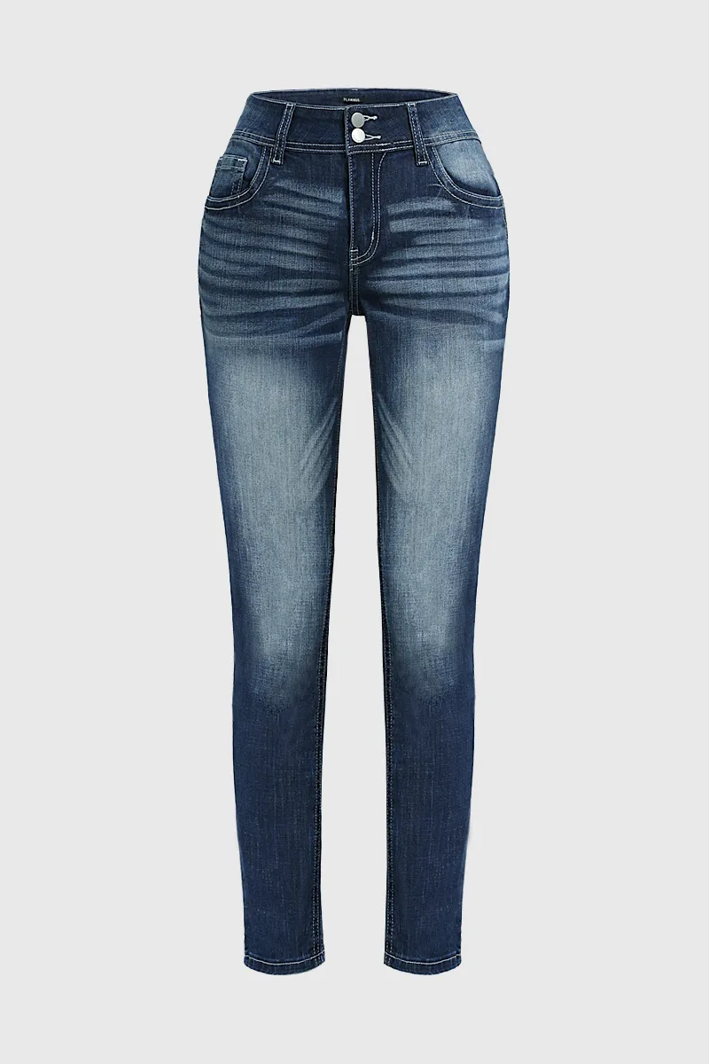 Double Button Wash High Stretch Mid Waist Skinny Jeans