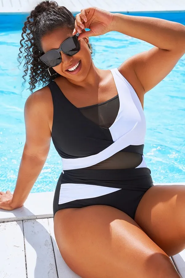 Black & White Sexy Cut Out Mesh One Piece Swimsuit