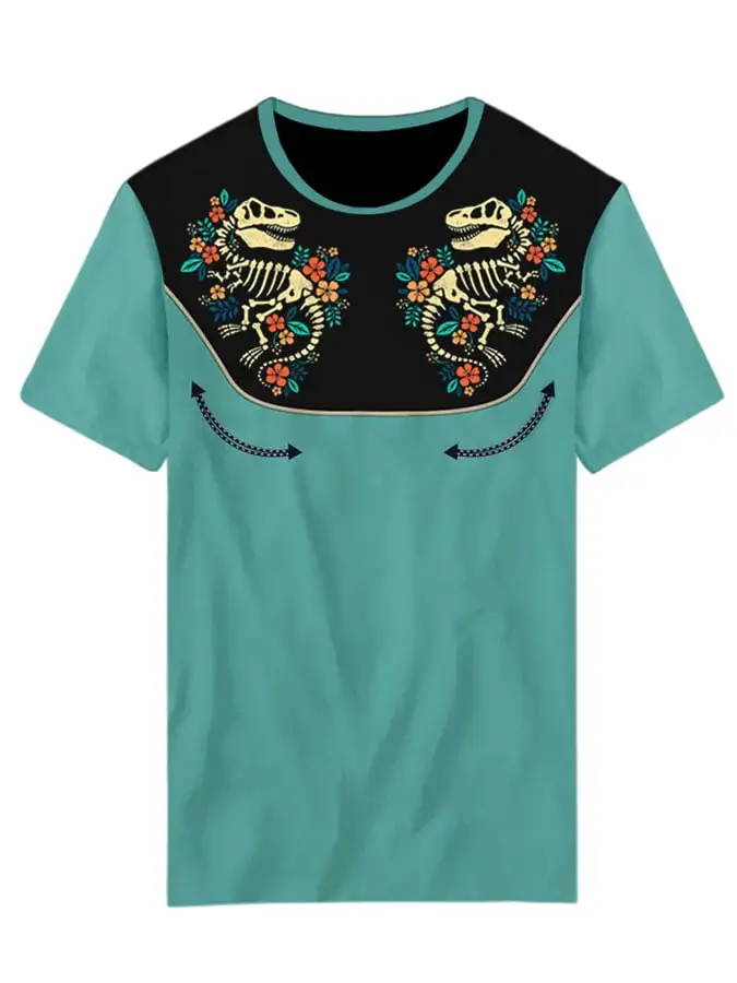 Women's Retro Western Dinosaur Skeleton Print Casual T-shirt