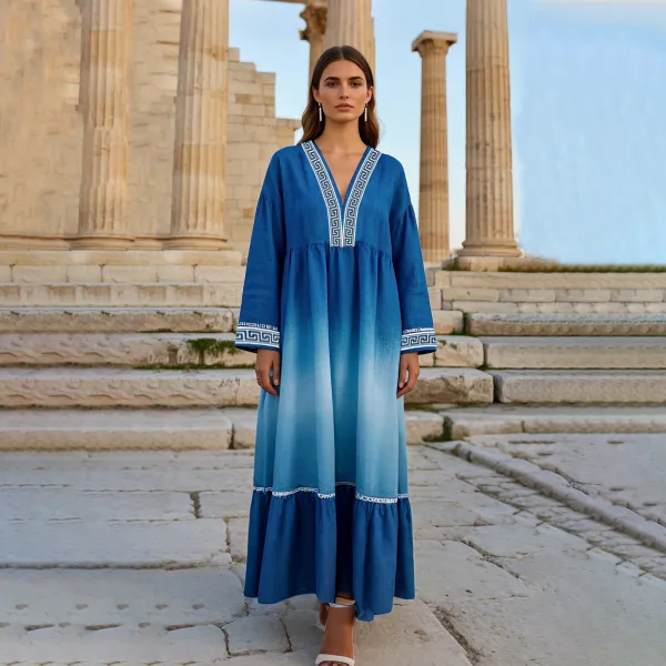 Gradient Greek Key V Neck Linen Blend Mixi Dress