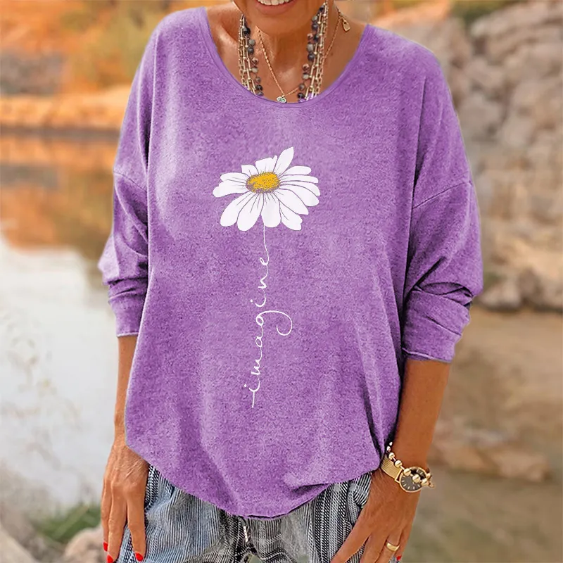 Oversized Imagine Little Daisy Printed Hippie Long Sleeves T-shirt