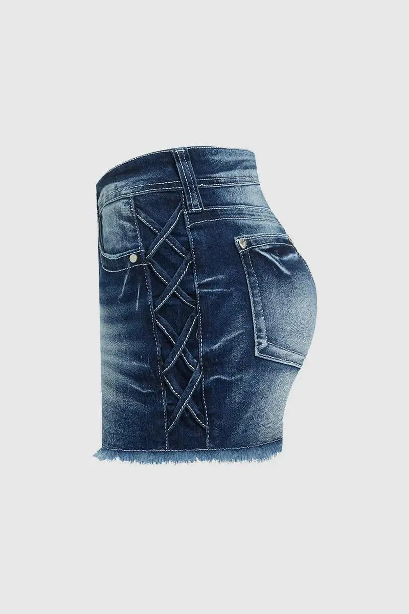 Criss Cross Raw Hem Low Waist Denim Shorts