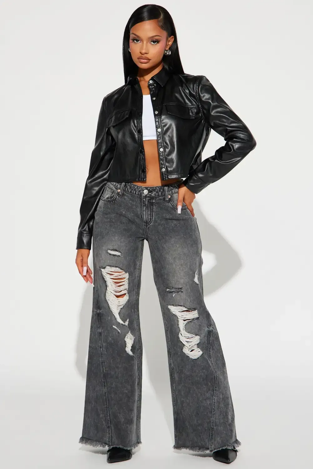 Mellowed Out Ripped Baggy Jeans - Grey