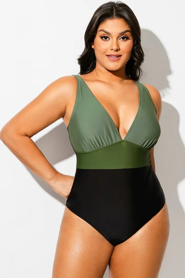 Green Colorblock V-Neck One Piece Swimsuit