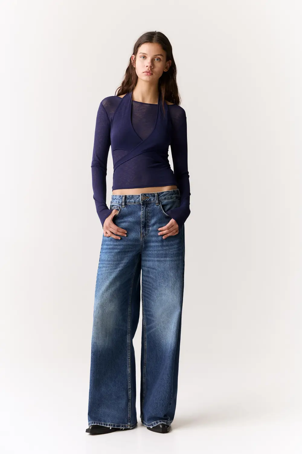 Double-layer top with crossover neckline