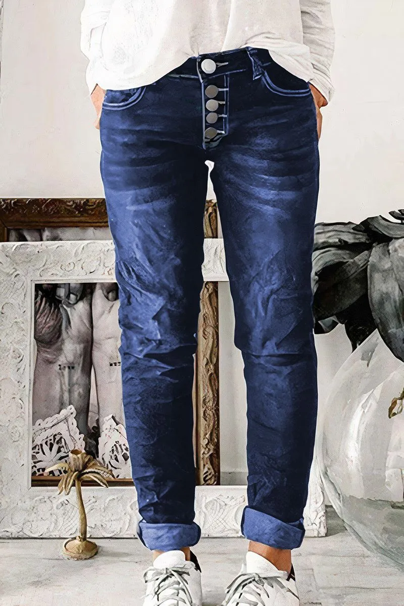 Button Up Roll Hem Low Waist Straight Leg Jeans