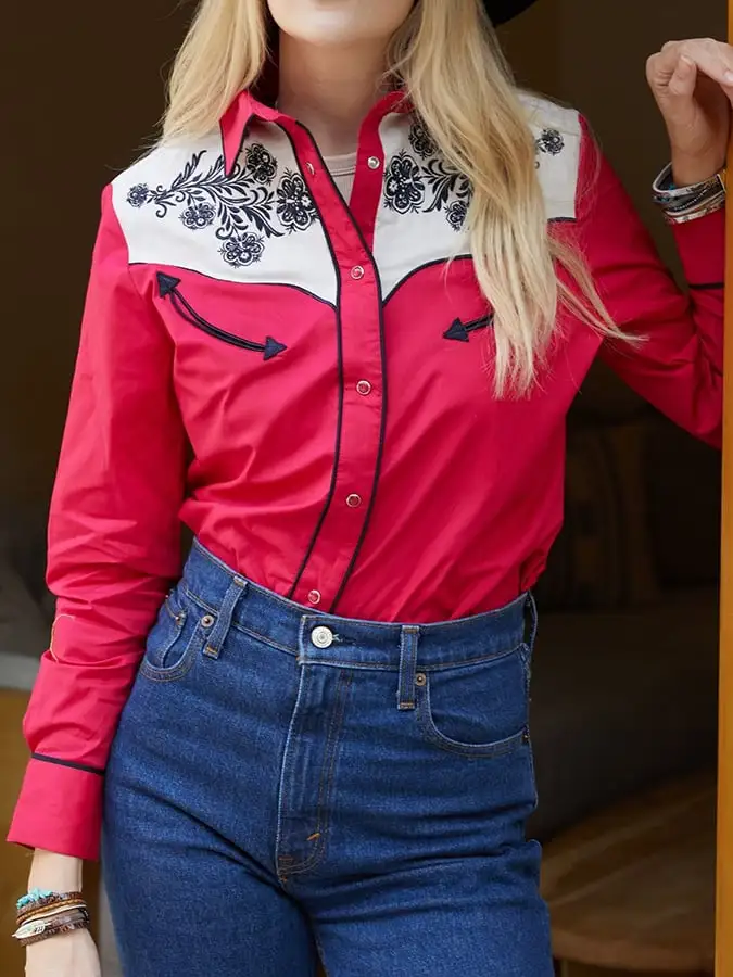 Women's Vintage Western Print Long Sleeve Shirt