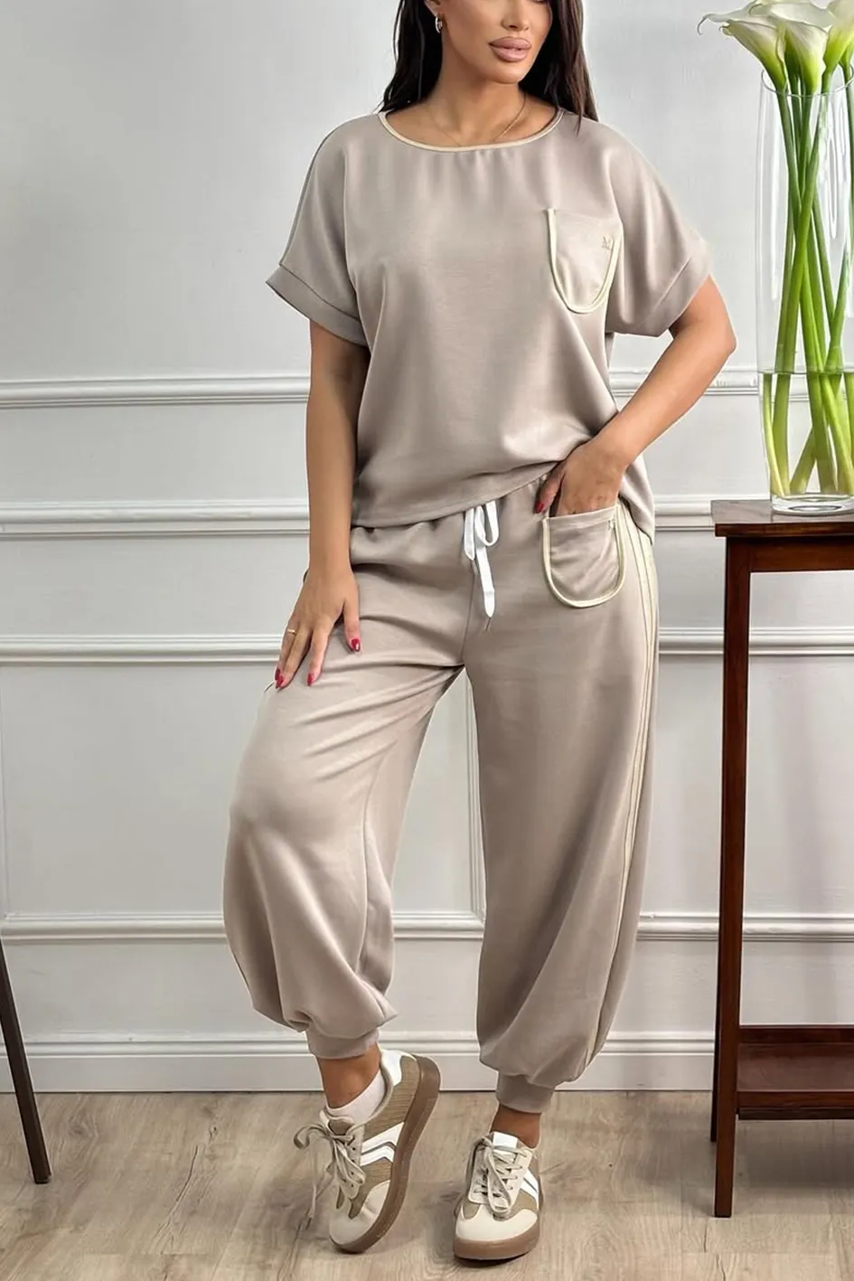 Women'S Contrasting Casual Top And Pants Two-Piece Set