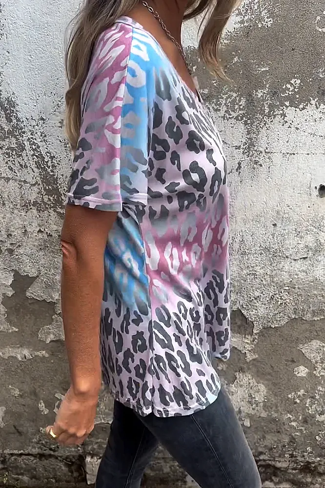 Women's Leopard print gradient V-neck strap casual T-shirt