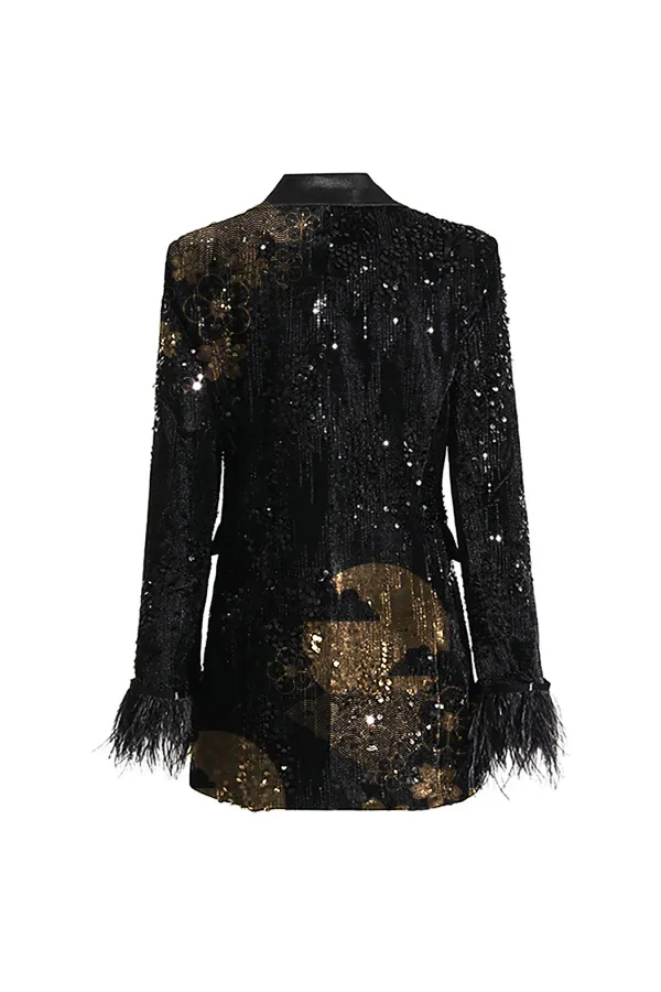 Silky Satin Lapel Feather Trim Long Sleeve Cinch Waist Sequin Party Blazer