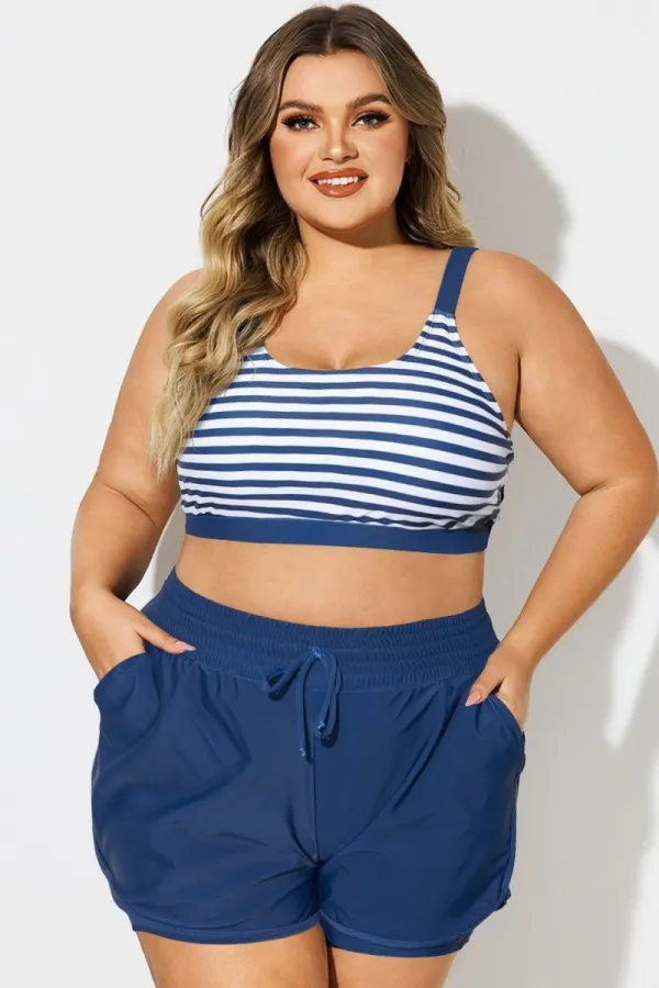 Plus Size Green Check Pinstripe Bikini Top