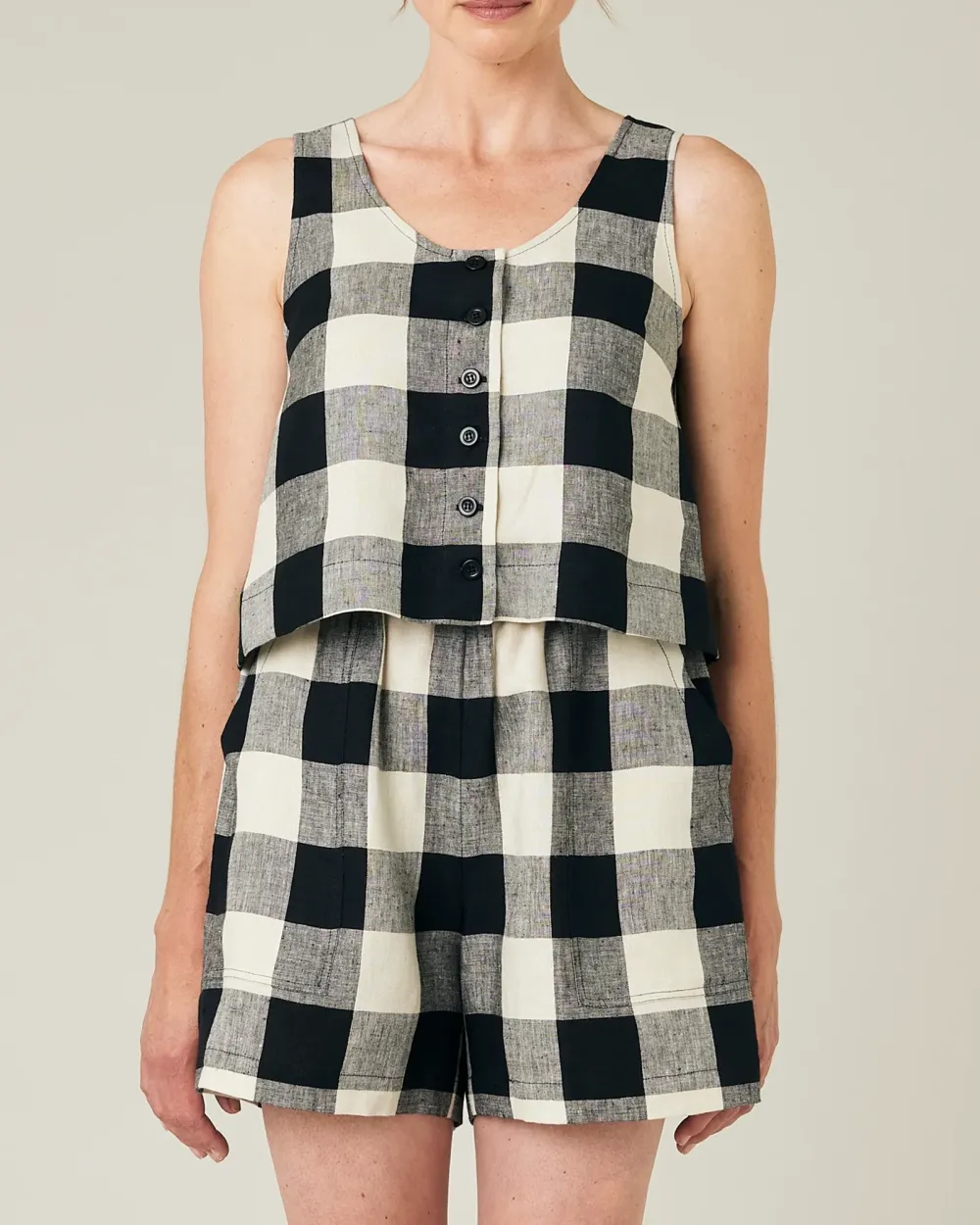STONE & BLACK MEGA CHECK LINEN TOP