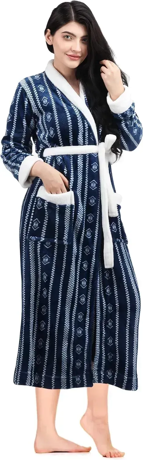 Women Fleece Shawl Collar Bathrobe - Plush Long Robe