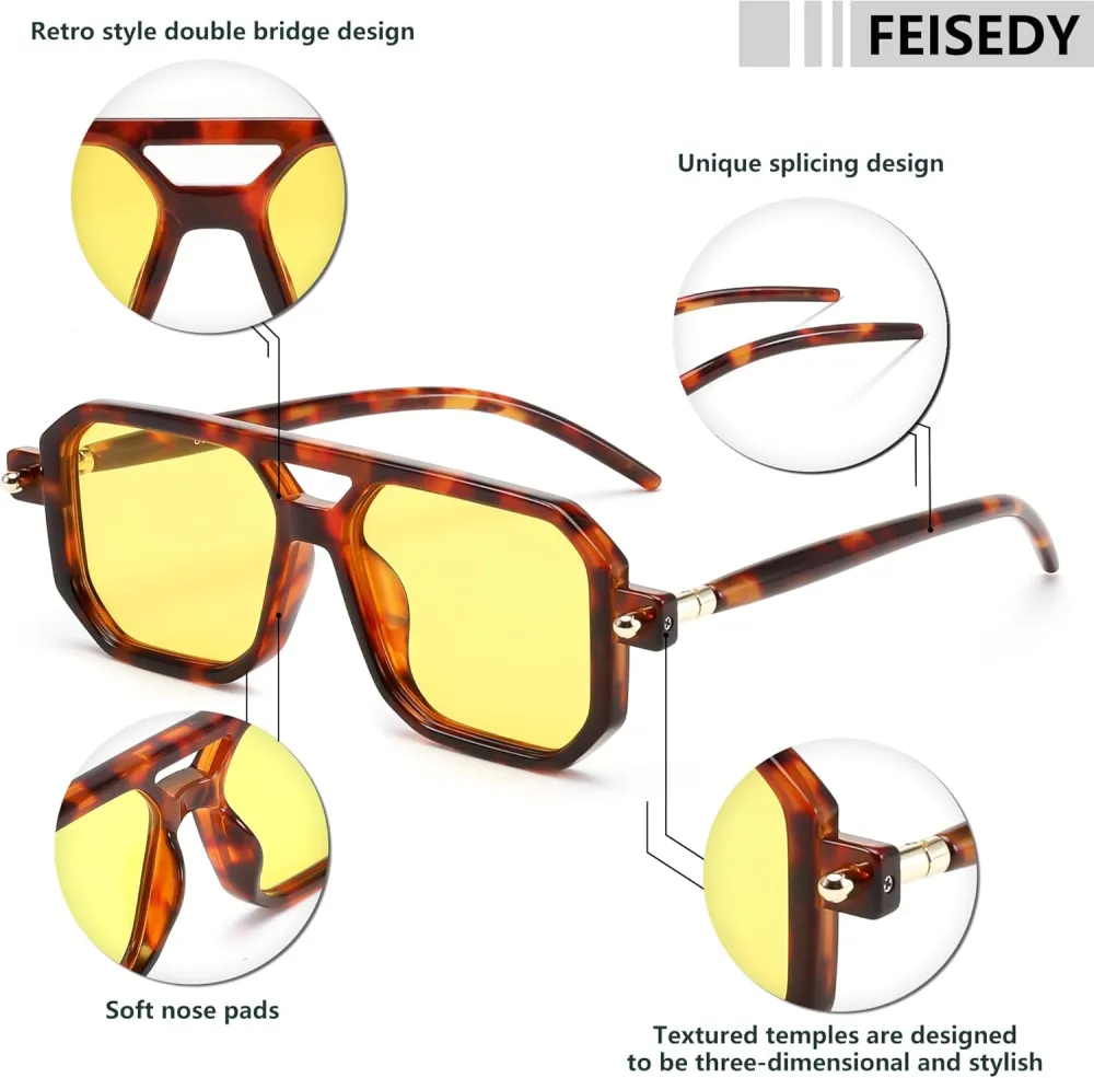 FEISEDY Vintage Square 70s Flat Aviator Sunglasses Women Men Classic Retro Stylish Frame UV400 Sunglasses B2622